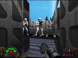 И ещё
Dark Forces

Жанр:	3D Action
Разработчик:	LucasArts
Издатель:	LucasArts
Год выхода:	1994
По сравнению с тем же Doom Вы обладаете возможностью смотреть вверх и вниз, прыгать и приседать.