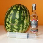 Мой любимый рецепт
Состав и приспособления:
спелый (сахарный) арбуз   1 штука;
водка(можно хорошие спирт или самогон )   0,5 литра;
спица   1 штука;
шприц с иглой   1 комплект.
Для заправки водкой обязательно выбирайте большой арбуз с полостями внутри, иначе вам будет очень сложно его накачать.

1. Налить водку в стакан, а затем набрать её в шприц. Шприцы лучше брать объемом от 8 кубов, тогда весь процесс займет меньше времени.
2. Проткнуть спицей отверстие возле хвостика арбуза, насадить на шприц иголку и сделать водочные инъекции. Отверстие должно вести точно в пустоту в центре арбуза. Можно проткнуть сразу несколько отверстий, но тогда есть риск, что водка будет выходить обратно через одно из них. Поэтому лучше обойтись одной дыркой и постепенно вливать водку через нее, периодически давая воздуху в арбузе выйти наружу.
3. После завершения процедуры  накачивания  нужно замазать дырки пластилином или заткнуть их любым другим способом. Далее арбуз оставляют минимум на 8 часов в холодном месте, чтобы он успел пропитаться.