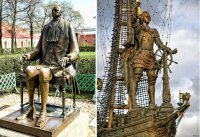 <<<<< все картинки кликабельны >>>>>
Ну, что тут, Сергей, скажешь, кроме уже набившего оскомину...

:) :) :)
Ошибся чуток скульптор... да и портрета Жан Тома де Томона не существует. То ли у Павла I в 1795-м году плёнка засветилась, то ли смартфон разрядился... :)
Конечно, тут ошибка, но отсутствие сходства в мировой культуре не такая уж и редкость.
Например строго через Неву всего в километре от памятника Зодчим ( 1 ) стоит памятник какому-то римскому воину ( 2 ).

Кого угодно в нём можно увидеть... даже бога войны Марса, но никак не Александра Васильевича Суворова.

Однако, надпись на постаменте утверждает, что это он и есть... а сходства нет...

Просто в такой вот аллегорической манере скульптор показал величие Суворова, как военачальника-победителя.
И памятник Суворову, и памятник Петру I на Сенатской площади ( 3 ) не похожи на те исторические личности, которые они изображают, но сделаны они с величайшим уважением и любовью к тем людям.
Но ведь есть и другие примеры несходства.
Например, памятник Петру I в Петропавловской Крепости Санкт-Петербурга ( 4 ) работы Михаила Шемякина. Вот за что Миша так отомстил Петру? Или он так отомстил всей России за то, что он (Миша) умотал в Заокеанье из варварской страны, которая должна была рухнуть, а та не рухнула?.. Ладно, он художник - от ТАК видит... но кто разрешил установить это убожество прямо в самом в сердце Санкт-Петербурга?

Про кривоного мужика в центре Москвы я и вовсе промолчу...
Бедный-бедный-бедный-бедный Пётр...