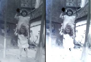 Какой-то криворукий "восстановитель". Слева - я инвертировал приведенный негатив за одну минуту, справа - владелец данной пластины.