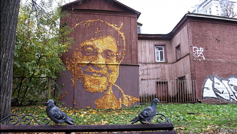 На левой части этого же здания пару лет назад выложили из кленовых листьев портрет Ю. Ю. Шевчука (ДДТ) Очень клёво так смотрелось