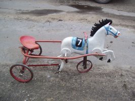 Это была самая лучшая тачка в моем прокате. Она была одна и получить её было сложно.
А это конь - самое отстойное фуфло - их было несколько и брали только если все Космичи закончились, или для девочек - их устраивало. Управлялся возжами (здесь их нет - сгнили небось), но главное - для движения надо было прилагать чрезмерные нагрузки.