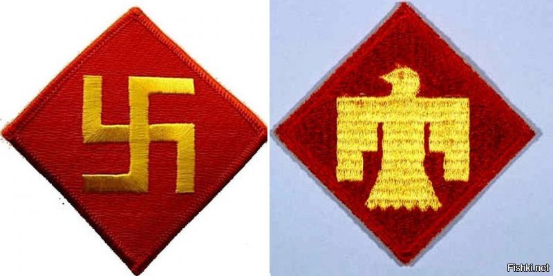 Эмблема 45-й пехотной дивизии США. Слева - до Второй мировой, справа (громовая птица) - во время войны и до расформирования после Кореи