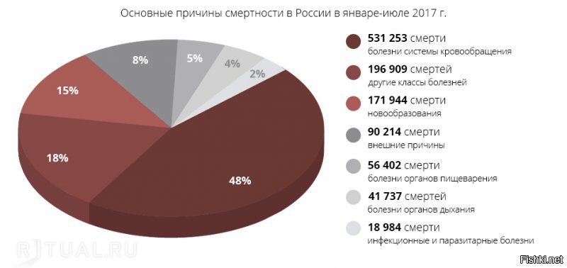 Про причины смертности там смутно написано. На самом деле можно бы и подробно разобрать и понять, какие именно причины в большей степени влияли. 

==========================================================================

Можно и разобрать.

"Основные причины гибели людей в России:

1. Больше половины случаев связано с сердечно-сосудистыми заболеваниями, прежде всего, инфарктом и инсультом. Смертность от них в России почти в 5 раз выше, чем в таких странах, как Канада и Япония. Это   главная причина низкой продолжительности жизни в нашей стране.    

2. Онкологические заболевания   вторые по значимости. Уровень смертности от них в России на 20% выше, чем в наиболее благополучных странах. Большинство случаев приходится на рак легких, желудка, кишечника, рак простаты у мужчин и рак груди, матки и яичников у женщин.    

3. Другие неинфекционные заболевания: неврологические и психические заболевания (часто на почве алкоголизма и наркомании), цирроз печени, хроническая обструктивная болезнь легких, сахарный диабет и другие. Уровень смертности   вдвое выше, чем в наиболее благополучных странах.    

4. Смертность от инфекций в России более чем вдвое выше, чем, например, в Австралии. Подавляющее число гибели людей связано с пневмонией, СПИД и туберкулезом.   

5. Смертность от внешних причин в России в 3,4 раза выше, чем в благополучных странах. Самыми массовыми причинами, особенно среди мужчин, являются самоубийства, дорожно-транспортные происшествия и убийства."