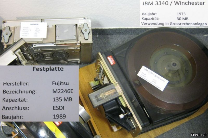 Я бы добавил, что название «винчестер» (англ. Winchester) накопитель получил благодаря работавшему в фирме IBM Кеннету Хотону, под руководством которого в 1973 году был выпущен жёсткий диск модели 3340, впервые объединивший в одном неразъёмном корпусе пластины диска и считывающие головки. При его разработке инженеры использовали краткое внутреннее название «30-30», что означало два модуля (в максимальной компоновке) по 30 мегабайт каждый, что по созвучию совпадало с обозначением популярного винтовочного патрона .30-30 Winchester для винтовки Winchester Model 1894. 
В Европе и США название «винчестер» вышло из употребления ещё в 1990-х годах, у нас же встречается в компьютерном сленге до сих пор, правда сократившись до слова "винт". 
Справа на фото из музея компьютеров.