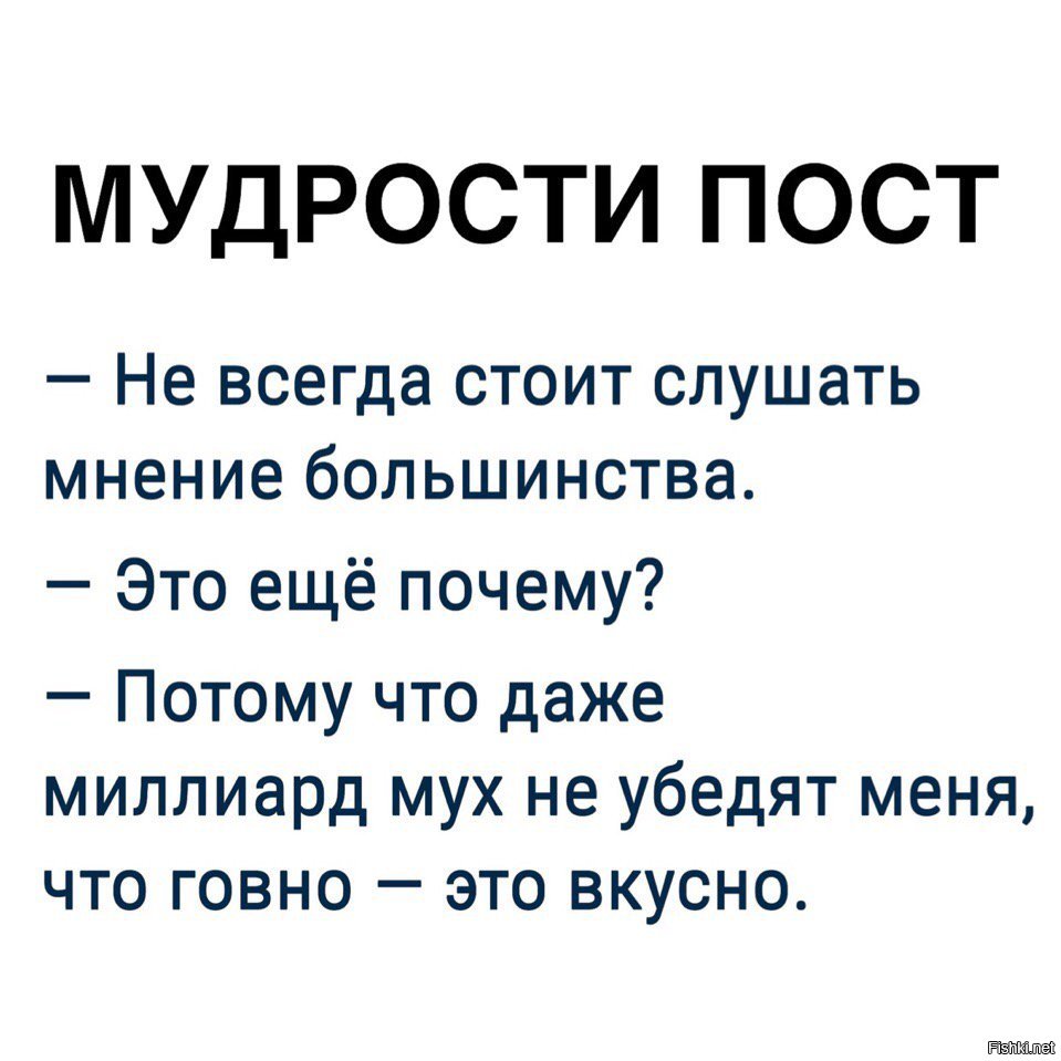 Слушать мнение. Мудрость с юмором. Миллиард мух не убедят меня. Мнение большинства мух не убедят. Не стоит слушать мнение большинства.