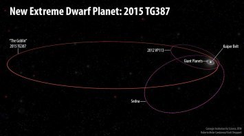 Этот вновь обнаруженный объект, получивший название 2015 TG387, будет представлен вниманию общественности во вторник сотрудниками Центра малых планет Международного астрономического союза.
Пишут что период обращения вокруг солнца 40 тысяч лет
Этот новый объект имеет очень вытянутую орбиту и никогда не подходит к Солнцу ближе, чем на расстояние в 65 а.е. – в точке, называемой перигелием орбиты. Только объекты 2012 VP113 и Седна, диаметры орбит которых в перигелии составляют соответственно 80 и 76 а.е., удалены от Солнца на большее расстояние в ближайшей к светилу точке своей орбиты, чем объект 2015 TG387. Однако орбита объекта 2015 TG387 имеет значительно больший диаметр в афелии – самой удаленной от Солнца точке – составляющий примерно 2300 а.е.

Этот объект был открыт в рамках «охоты» на гипотетическую Планету X, расположенную, предположительно, далеко за пределами орбиты Плутона

(90377) Седна. Перигелий Седны в два с половиной раза дальше от Солнца, чем орбита Нептуна, а большая часть орбиты расположена ещё дальше (афелий примерно равен 960 а. е., что превышает расстояние Солнце Нептун в 32 раза)

Седна была открыта в 2003 году так что я не удивлюсь что будут еще найдены планеты у которых период обращения в несколько тысяч лет вокруг солнца