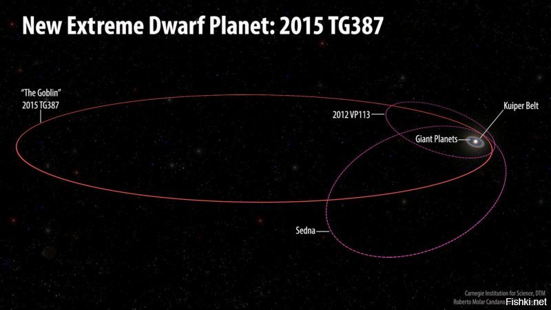 Этот вновь обнаруженный объект, получивший название 2015 TG387, будет представлен вниманию общественности во вторник сотрудниками Центра малых планет Международного астрономического союза.
Пишут что период обращения вокруг солнца 40 тысяч лет
Этот новый объект имеет очень вытянутую орбиту и никогда не подходит к Солнцу ближе, чем на расстояние в 65 а.е. – в точке, называемой перигелием орбиты. Только объекты 2012 VP113 и Седна, диаметры орбит которых в перигелии составляют соответственно 80 и 76 а.е., удалены от Солнца на большее расстояние в ближайшей к светилу точке своей орбиты, чем объект 2015 TG387. Однако орбита объекта 2015 TG387 имеет значительно больший диаметр в афелии – самой удаленной от Солнца точке – составляющий примерно 2300 а.е.

Этот объект был открыт в рамках «охоты» на гипотетическую Планету X, расположенную, предположительно, далеко за пределами орбиты Плутона

(90377) Седна. Перигелий Седны в два с половиной раза дальше от Солнца, чем орбита Нептуна, а большая часть орбиты расположена ещё дальше (афелий примерно равен 960 а. е., что превышает расстояние Солнце Нептун в 32 раза)

Седна была открыта в 2003 году так что я не удивлюсь что будут еще найдены планеты у которых период обращения в несколько тысяч лет вокруг солнца