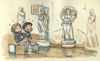 Помоему, тут кекс в музее., Странная поза, что бы любоваться экспонатами, а не друг другом.