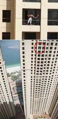 "Неужели его окна были настолько грязными.."
Иногда и мне приходится быть в подобных обстоятельствах. Там нет ничего экстремального, кроме осознавания, сколько лететь вниз. Просто тупо моешь витрину, будто на первом этаже, и всё.