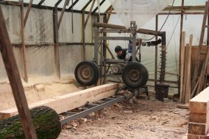 В стоимость двери я учел стоимость дубовой обрезной доски. А свой дуб купил в бревне, 8 кубометров по цене примерно 2000 руб. за куб кругляка. И распилил на ленточной пилораме (которую тоже кстати сделал сам). По факту стоимость дубовой обрезной доски вышла всего лишь в два раза дороже от сосны.