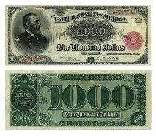 кстати: это самая ценная купюра в мире: "большие арбузы" 1890 года. сейчас сохранилось всего 2 такие бумажки. одна из них была продана несколько лет назад с аукциона за 2,5 МИЛЛИОНА современных долларов США.