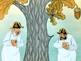 - Кто бы мог думать, ваше превосходительство, что человеческая пища, в первоначальном виде, летает, плавает и на деревьях растёт?   сказал один генерал.
- Да,   отвечал другой генерал,   признаться, и я до сих пор думал, что булки в том самом виде родятся, как их утром к кофею подают!
(М. Салтыков-Щедрин)