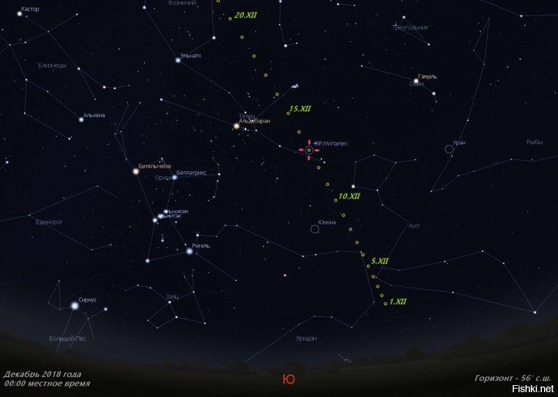 добавление:
 "Найти ее можно будет в вечернее время и до полуночи в южной стороне неба. С каждым днем комета будет подниматься все выше над южным горизонтом. В декабре комета пролетит по созвездиям Эридана, Тельца, Персея и Возничего. 
Во время наибольшего сближения с Землей комета будет находится между двумя красивыми звездными скоплениями Гиады и Плеяды в созвездии Тельца. Угловая скорость кометы будет равна 10,9"/мин, т.е. расстояние равное диаметру Луны она пролетит за 2,7 часа! Ее движение по небу будет заметно в течение десятков минут."