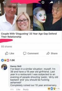 Я был в такой же ситуации сам. Мне 39 и у меня 19-летняя девушка. В прошлом году в ресторане я подвергался от посетителей выкриками "педофил", "старый грязный ублюдок" и "тебе должно быть пиздецки стыдно"
Это совершенно испортило нашу 10-летнюю годовщину.