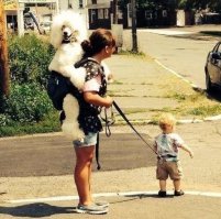 * По поводу "поводков" соглашусь - очень удобная вещь, особенно когда детки маленькие. 
* Там, где на фото ребенок не в детской коляске а в продовольственной - карапузы очень часто хотят показать, какие они уже большие и не хотят сидеть в коляске. Если магазин (парк, детская площадка и тд) не далеко, мамы рискуют коляску не брать и позволить чаду топать самому... Тут видать малыш устал и мама, чтоб не нести его на одной руке, посадила его в коляску. Да, выглядит не совсем удобно, но малыш сам так устроился (не думаю что бы сидел так в другом случае).
* Собака в "кенгуру", а малыш на поводке - малышу надоело сидеть, стал ныть... Что бы не отпускать или пса, или малыша в оживленном месте без страховки, мама решила поменять их местами.