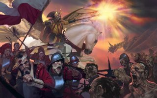 Вот вам еще иллюстрация той битвы. Обратите внисание, что воины очень похожи на "фигуру татарина под ногами Генриха II". Маска всадника, белый конь, свет от посоха, все говорит нам, что "татары" на стороне порядка. А скем они сражаются? Если вы люди думающие, то вам все станет ясно.  Историю надо учить не по учебникам, а то скверна Хаоса наполнит ваши сердца.