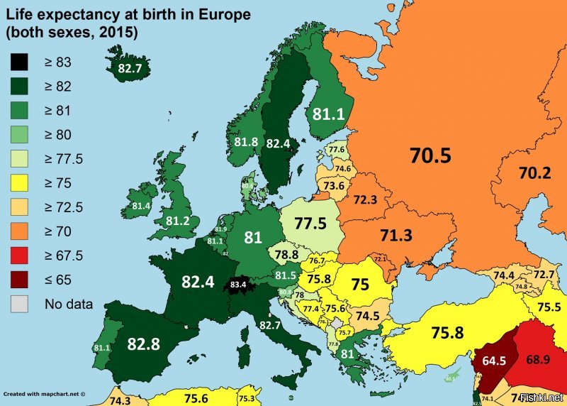 А вот еще одна отличная картинка - средняя продолжительность жизни.
Получается что пенсионеры живут в среднем 15-20 лет на довольно хорошую пенсию, в то время как у нас - около 5ти лет на нищенскую.