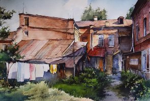 Живописненько) Я когда в детстве в художке учился, мы на плинер все время ходили во всякие трущобы покосившиеся и обшарпанные дворики рисовать. Типа такого. (акварель не моя, с просторов, но вот тоже самое рисовали)
