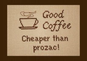 Надпись на кофемашине в Докторе Хаусе «Good coffee cheaper than prozac!» («Хороший кофе дешевле, чем прозак!»)
\\\