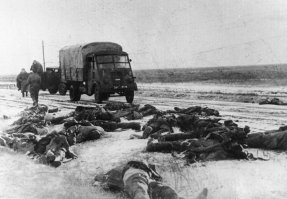 Кавалерийский полк полного состава в РККА это 1600 человек (вместе со вспомогательными военнослужащими) или 1200 кавалеристов, которые участвуют в бою.
Батальон вермахта это 800 человек, как следует из вашей истории батальон мотоциклистов и пулеметный батальон были уничтожены "сабельной атакой" 1200 кавалеристов...
Вы представляете себе стрельбу из пулемета по открытым целям?
Вы правда считаете, что у движущихся открыто кавалеристов есть шанс победить?

По поводу ваших фото...
IsPavel, что видно на ваших фото?

"...все поле было в несколько рядов усеяно телами людей и лошадей...!
"...сто километров обочины этой дороги были едва ли не сплошь устланы телами погибших..."  - это видно?
100км устланных телами, видно?

Или видна одинокая расстрелянная машина с погибшими и брошенные грузовики?
А что, панораму "со 100км" было не снять?
А ведь под Слонимом вермахт сопровождало более 180 фотокорреспондентов службы пропаганды...
Не смогли снимать? 

Для сравнения фото с погибшими немецкими солдатами (для вас даже фото с грузовичком). Специально, фото сделанные в разных местах.
Разница заметна?