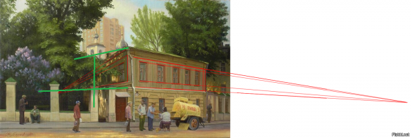 Перспектива у крыш дома и церкви должны сходиться одинаково. Примерно как-то так.