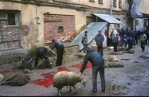 Дебил, для этого есть мясокомбинаты!

А то что творят твои чурбанские соплеменники, это варварство!

На фотках Москва. 21 век.
По твоему это нормально? прям на улице резать баранов?

Ответь мне, Гамадрил ты черножопый!