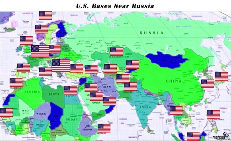 Эта карта миролюбивых  пиндосовских  баз вблизи российских границ.  В помощь  госдеповскому пропогандону.