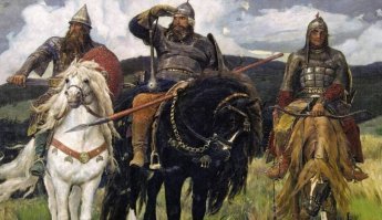 К этой картине анекдот есть:
Илья Муромец сидит на коне, смотрит вдаль,рядом Добрыня Никитыч говорит Илье:
-Илюша, что это ты там высматриваешь?
-Я смотрю туда, где хорошо!
Тут Алёша Попович вмешивается в разговор:
-Так хорошо ведь тем, где нас нет!
Илья Муромец:
- Вот я и смотрю туда, где вас нет...