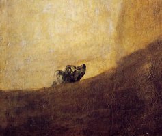 Франсиско Гойя, -  Собака.
Версий несколько, Ваша с владельцем собаки то же есть. Типа владелец умер..., под собакой подразумевалась Испания, а под владельцем бог. (эта версия больше всего понравилась)