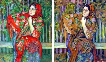 Сумбурно всё написано, поэтому поясню. Дальтонизм встречается у 8% и 0,5% женщин. Женщины являются проводником этой патологической наследственности; сами сохраняют нормальное зрение и оказываются цветослепыми лишь тогда, когда имеют цветослепого отца наряду с хотя бы гетерозиготной по этому гену матерью. При выпадении одного из цветовых элементов наступает частичная цветовая слепота   дихромазия. Лица, страдающие дихромазией, различают цвета главным образом по их яркости; качественно они способны отличать в спектре лишь «тёплые» тона (красный, оранжевый, жёлтый) от «холодных» тонов (зелёный, синий, фиолетовый). Среди дихроматов различают слепых на красный цвет (протанопия), у которых воспринимаемый спектр укорочен с красного конца, и слепых на зелёный цвет (дейтеранопия). При протанопии (собственно Д.) красный цвет воспринимается более тёмным, смешивается с тёмно-зелёным, тёмно-коричневым, а зелёный   со светло-серым, светло-жёлтым, светло-коричневым. При дейтеранопии зелёный цвет смешивается со светло-оранжевым, светло-розовым, а красный   со светло-зеленым, светло-коричневым. Слепота на фиолетовый цвет   тританопия, встречается крайне редко - все цвета спектра представляются оттенками красного или зелёного. В некоторых случаях наблюдается лишь ослабление цветоощущения   протаномалия (ослабление восприятия красного цвета) и дейтераномалия (ослабление восприятия зелёного цвета). Крайне редко встречается полная цветовая слепота (весь мир оказывается черно-белым). 
И пару картинок в дополнительный пример. Оригиналы и репродукции картин выполненные художниками с цветовой слепотой на красный цвет (картина "Ждет") и зеленый - репродукция тибетской иконы.