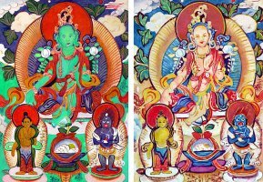 Сумбурно всё написано, поэтому поясню. Дальтонизм встречается у 8% и 0,5% женщин. Женщины являются проводником этой патологической наследственности; сами сохраняют нормальное зрение и оказываются цветослепыми лишь тогда, когда имеют цветослепого отца наряду с хотя бы гетерозиготной по этому гену матерью. При выпадении одного из цветовых элементов наступает частичная цветовая слепота   дихромазия. Лица, страдающие дихромазией, различают цвета главным образом по их яркости; качественно они способны отличать в спектре лишь «тёплые» тона (красный, оранжевый, жёлтый) от «холодных» тонов (зелёный, синий, фиолетовый). Среди дихроматов различают слепых на красный цвет (протанопия), у которых воспринимаемый спектр укорочен с красного конца, и слепых на зелёный цвет (дейтеранопия). При протанопии (собственно Д.) красный цвет воспринимается более тёмным, смешивается с тёмно-зелёным, тёмно-коричневым, а зелёный   со светло-серым, светло-жёлтым, светло-коричневым. При дейтеранопии зелёный цвет смешивается со светло-оранжевым, светло-розовым, а красный   со светло-зеленым, светло-коричневым. Слепота на фиолетовый цвет   тританопия, встречается крайне редко - все цвета спектра представляются оттенками красного или зелёного. В некоторых случаях наблюдается лишь ослабление цветоощущения   протаномалия (ослабление восприятия красного цвета) и дейтераномалия (ослабление восприятия зелёного цвета). Крайне редко встречается полная цветовая слепота (весь мир оказывается черно-белым). 
И пару картинок в дополнительный пример. Оригиналы и репродукции картин выполненные художниками с цветовой слепотой на красный цвет (картина "Ждет") и зеленый - репродукция тибетской иконы.