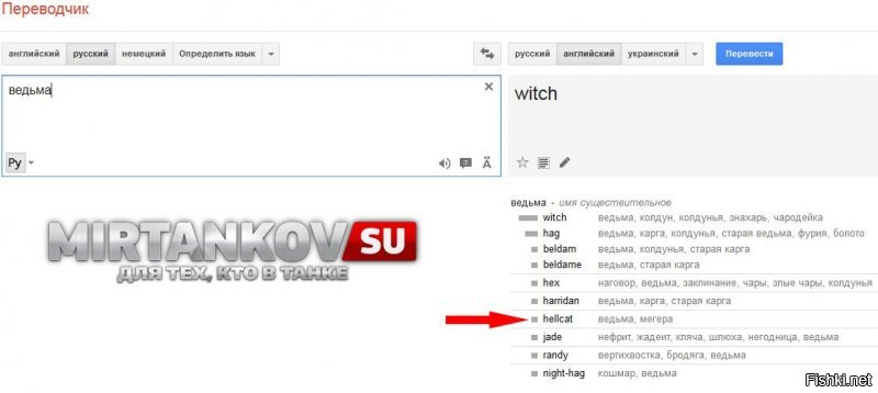 Hellcat - ведьма или адский кот? 
Для того, чтобы докопаться до истины, давайте проведём исследование.
Этап первый - перевод.
Вводим в Google Translate - hellcat.
Получаем перевод - ведьма.
Вводим - ведьма.
Первый перевод - witch, но если посмотреть ниже, то там можно встретить и hellcat.По результатам первого этапа счет 1:0 в пользу ведьмы.
Балл ведьма получает с натяжкой. Грубо говоря, hellcat - это никнейм. Обратите внимание на формирование ников у многих пользователей. Можно ли к ним применять автоматические переводчики?
 
Этап второй - кто дал прозвище?
Такую погремушку танк получил от своего создателя - Бьюика. Он прозвал его за высокую скорость передвижения - вплоть до 90 км/ч.
Согласно Википедии, других уточнений нет. Так что Бьюик имел ввиду?
С одной стороны - кошки очень быстрые животные, среднестатистическая котяра может развивать скорость до 14 м/с, что составляет примерно 50 км/ч.
С другой стороны - ведьма на метле так же объект весьма скоростной. Я так и не смог найти достоверную инфу в интернете о скорости перемещения ведьмы на метле. Кто знает, с какой скоростью летает ведьма?
Во многих источниках ведьминский полёт сравнивают с невероятной или со скоростью ветра. По шкале Бофорта, ветер может развивать скорость от менее 2-5 км/ч до 90 км\ч (шторм) и более 117 км\ч (ураган). Так что, не имея четкого понятия о том, с какой скоростью летает на метле ведьма, но зная, что это перемещение в пространстве происходит так же очень быстро - Бьюик мог иметь ввиду и её тоже.
Результат второго этапа - 1:1, но в общем 2:1 всё еще в пользу ведьмы.

Этап третий - правописание
Почему прозвище танка пишется в одно слово? Логичнее было бы, если речь идёт о коте, написать в два слова - hell cat. В этом нет ничего страшного. Hellcat - пусть и жаргонное слово, но всё же обозначает ведьму в таком написании.
Результат третьего этапа - 3:1 в пользу ведьмы.
Опять же достаточно спорный балл, отданный ведьме - из-за особенностей английского языка и любви тех же американцев комбинировать некоторые слова в одно. 

Этап четвёртый - мнение общественности
Этому источнику доверять конечно можно, но не стоит, ибо очень похоже на помощь зала в небезызвестной теле передаче.
Голосование на официальном форуме. Итак, согласно многочисленным голосованиям, проведённым в интернете - большинство считает, что Hellcat - это всё же "адский кот".
Результат четвёртого этапа - счет  3:2, по прежнему лидирует ведьма.

Этап пятый - история
Самолёты, производства американской авиакомпании Грумман (Grumman), имели следующие названия: Wildcat, Hellcat, Tigercat, Bearcat, Tomcat - все котэ. Немецкие танки того времени так же назывались в честь животных: Panther, Jaguar, Tiger.
С другой стороны американцы любили называть танки в честь своих же генералов: Lee, Sherman, Jackson, Stuart, Chaffee, Walker, Pershing, Patton, Abrams. Непонятно, как в эту компанию мог попасть "адский кот" или "ведьма".
В википедии, в английской версии статьи про Hellcat, написано следующее (вольный перевод):
Над дизайном M18 работала студия Харли Эрла из компании Бьюик, подразделения Дженерал Моторс, эта же команда так же работала над ранней краской для камуфляжа. Даже логотип Hellcat'а на переднем углу танка и нашивки, которые носила команда, были так же спроектированы командой Эрла. Окруженный словами "Найти, Ударить, Уничтожить", логотип изображает дикую кошку, перекусывающую сломанные гусенницы, означающий миссию Хеллкета, которая заключается в выцеливании (поиске) вражеских танков.
Вот и сам логотип:
Результат пятого этапа - 3:3, счет сравнялся!

Этап шестой - аналогии
До сих пор остаётся загадкой, когда именно танк получил своё прозвище. Работа над ним началась в 1942 году, а в производство он пошел с 1943 года.
В 1944 году, компания Marvel выпускает на свет серию комиксов, главным героем которых является девушка - Петси Вокер (Patsy Walker, Patsy - сокращение от Patricia /Патриция/) по прозвищу Hellcat. На всех постерах и снимках девушка представлена в костюме кошки, но никак не ведьмы:
Характерные кошачьи черты: маска с ушами, хвост, когти, ну и конечно же - женщина, которых часто сравнивают с кошками. На ведьму она точно не похожа. Как она связана с танком, спросите вы? Очень просто - одной культурой, эпохой и написанием.
Американцы очень часто комбинируют слово hell с другими словами. Не до конца понятно, зачем именно они это делают, возможно для придания слову большей жестокости. Примерами могут быть:
Hellhound - адская собака, адская гончая, дьявольский пёс ада, наиболее известный, вероятно, адский пес это Цербер;
Hellspawn - более мрачная серия комиксов про Спауна;
Hellfire - (буквальный перевод - адское пламя) американская ракета класса «воздух-земля».
Возвращаясь к самолётам, модель F4F Wildcat (дикая кошка, не поспоришь), была в своё время заменена на F6F Hellcat. Что подсказывает Вам логика? Что после дикой кошки идёт ведьма или всё же адская кошка? Мне кажется ответ очевиден.
Вот как изображают F6F Hellcat на некоторых рисунках американские авторы:
            Upd: благодаря пользователю ВК, Сергею, который оставил комментарий под постом о Хеллкете, можно провести еще одну аналогию. Перед вами логотип звукозаписывающей студии Hellcat Records, что вы на нём видите?

Итак, учитывая последний, шестой этап расследования, итоговый счет составил - 4:3 в пользу адской кошки (кота).
 
M18 Hellcat - правильный перевод (значение) - адская кошка.
Хочешь поспорить? Приводи свои доводы в комментариях.