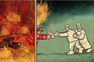 Картинка замечательная, только по законам восприятия кажется, что родители отдают ребёнка пожарному. Чтобы так не казалось, художники обычно действие располагают слева направо. Вот так