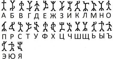В 1903 год Конан Дойл написал рассказ «Пляшущие человечки», вошедший в сборник из 13 рассказов «Возвращение Шерлока Холмса».

В этом рассказе Мистер Хилтон Кьюбит нашел записку с изображением пляшущих человечков. Мистер Кьюбит никак не мог понять, что же это значит, а Шерлок Холмс разгадал этот шифр и понял, что записка предназначалась жене мистера Кьюбита – Элизабет Паркер, коротко Илси.

Каждый человечек соответствует одной букве алфавита.

В тексте, у некоторых человечков есть флажки. Они разделяют текст на слова.Алфавит заимствован из издания с русским переводом М. и Н. Чуковских и дополнен представителями КТОН (отсутствующими в переводе буквами).