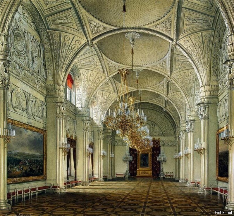 Всегда считала акварель гораздо более интересной, чем тяжеловесное масло. И зря тут отмечают, что акварель удел любителей и неопытных. Как раз с акварелью надо уметь работать. Акварель ошибок не прощает. Тогда как масло можно стереть, счистить и начать заново. И настоящие художники это знают преотлично. Преимущество акварели перед маслом действительно в том, что ею можно рисовать и в походе, и на пикнике, и между основной работой как хобби. А вот именно как своеобразная замена современных фото, акварель для меня открылась в календаре, где были изображены интерьеры и пейзажи Гатчинского дворца художником Эдуардом Петровичем Гау (1807-1887). Это просто волшебство! И ни одно фото этого не заменит.  У него очень много изображений внутреннего убранства дворцов, самих дворцовых ансамблей и парков. Вот некоторые его работы.