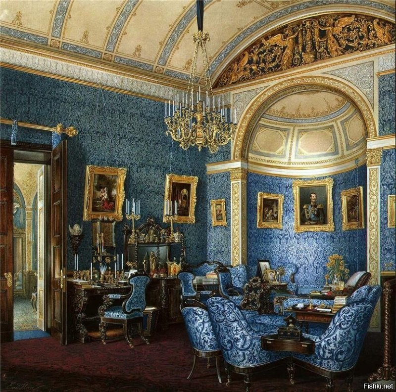 Всегда считала акварель гораздо более интересной, чем тяжеловесное масло. И зря тут отмечают, что акварель удел любителей и неопытных. Как раз с акварелью надо уметь работать. Акварель ошибок не прощает. Тогда как масло можно стереть, счистить и начать заново. И настоящие художники это знают преотлично. Преимущество акварели перед маслом действительно в том, что ею можно рисовать и в походе, и на пикнике, и между основной работой как хобби. А вот именно как своеобразная замена современных фото, акварель для меня открылась в календаре, где были изображены интерьеры и пейзажи Гатчинского дворца художником Эдуардом Петровичем Гау (1807-1887). Это просто волшебство! И ни одно фото этого не заменит.  У него очень много изображений внутреннего убранства дворцов, самих дворцовых ансамблей и парков. Вот некоторые его работы.