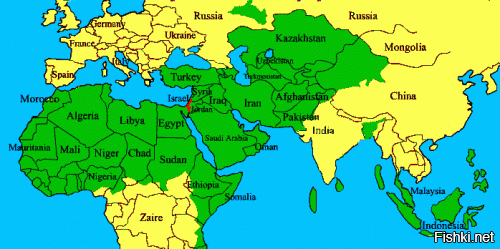 Ну и для масштаба... Израиль красный, арабские страны зелёные...