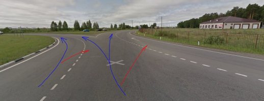 А теперь внимание - красными стрелками обозначил направление движения которое можно совершать, но это будет считаться как перестроение, потому что разметка 1.7. Грузовик без каких либо сомнений нарушил правило перестроения. Именно это правило поможет Елене на суде по быстренькому расставить точки над "ё" (а не над "и" - над "и" точек нету).