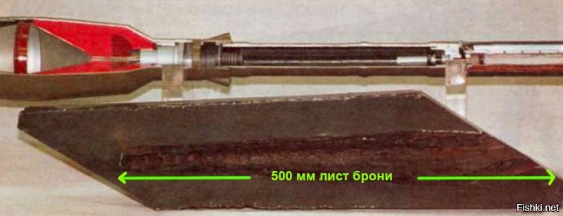 Старая советская фотка, сейчас нынешние модификации данного оружия достигают пробития композиной брони до 1350 мм в двухкомпановочном исполнении с учетом преодоления куммулятивно-отражающих элементов.