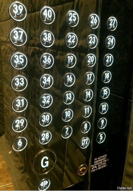Это видимо лифт коммерческого здания, где некоторые этажи скорее всего целиком спроектированы (или выкуплены) под них какими-то компаниями ещё на стадии строительства, и поэтому к ним на этаж ведут приватные лифты, лифты которые перемещается только между одним конкретным и несколькими служебными этажами. 
А это уже панель публичного лифта, где есть все остальные номера этажей на которые можно попасть в общем порядке.