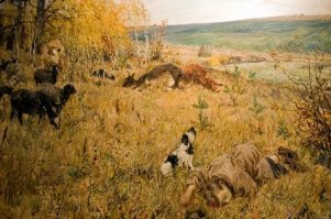 Помню, как в школе нам рассказывали про эту картину: разбор детальный, по каждой травинке практически. Так запало в душу...
А.Пластов. "Фашист пролетел"