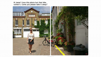 Ну вы тут и наизобретали. Два кадра с видео, один за другим, четко в момент смены оригинала фото на монтаж. Другая погода, другое время дня, и даже немного другой угол съемки, из за чего, видно как сместились кирпичи под тенью девушки. А велосипед общественный, судя по крылу и рулю. Либо арендуется где-то рядом, либо вообще в общем пользовании. И скорее всего, это разные велосипеды, так как подножка на них стоит под разными углами, а они, обычно, выдвигаются до упора. Тут просто человек который хорошо пользуется фотошопом, и ему не в лом было съездить на место.