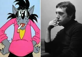 Насчет волка из "Ну погоди". Режиссер Вячеслав Котеночкин уверял, что срисовал пластику и походку Волка с самого себя. В волке воплотили образ типичного хулигана 60-х: лохматая прическа, клеши, сигареты, золотые цепочки с якорьками, тельняшка под рубашкой - так одевалась неформальная молодёжь в 60-х. Котёночкин хотел, чтобы озвучивал волка Владимир Высоцкий, голос которого, как нельзя лучше подходил под этот разухабистый образ. Высоцкий в то время был популярен в народе благодаря своим ранним, "блатным" песням. Он загорелся этой ролью, но вскоре попал в опалу властей: в советской прессе вышла разгромная статья "О чем поёт Высоцкий", в которой говорилось о тлетворном влиянии песен Высоцкого на умы молодёжи...:) После этого Котёночкину запретили озвучивать волка голосом Высоцкого. Роль перешла Анатолию Папанову. Но Котёночкин всё же, назло власти, в некоторых эпизодах умудрился вставить пародии на Высоцкого...