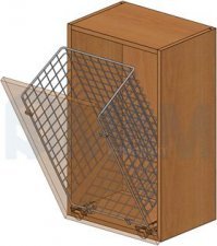 Корзина крепится на фасад с помощью пластиковых клипс в 4-х точках.
Фасад на петлях, желательно без встроенной пружины и плавного закрывания.
В качестве ограничителя я использовал механизм для откидного фасада, но можно использовать и специальный ограничитель или секретерный механизм.
Чтобы фасад не бился при закрывании, в верхней части короба установил демпфер. Я его врезал в корпус, но бывают и накладного монтажа (приобретается дополнительный держатель). 
Самое сложное - подобрать оптимальное положение ограничителя открывания. Я подбирал опытным путем =)