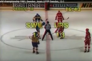 Швеция СССР 1:13 (0:0, 0:6, 1:7) 
Матч чемпионата мира и Европы 1981 года 
2-й период: 0:1 21.44 Шалимов (Шепелев), 0:2 23.24 Крутов (Макаров), 0:3 26.11 Скворцов (Хомутов, Фетисов), 0:4 29.56 Мальцев (Голиков, Дроздецкий), 0:5 31.45 Шепелев (Шалимов, Капустин), 0:6 35.47 Голиков (Мальцев). 
3-й период: 0:7 40.31 Крутов (Петров), 0:8 42.08 Дроздецкий (Мальцев), 0:9 46.05 Голиков (Мальцев), 0:10 48.31 Билялетдинов (Макаров, Петров), 0:11 50.26 Мальцев (Касатонов), 1:11 53.32 Стин бол. (Линдблум, Мулин), 1:12 53.56 Скворцов (Жлуктов), 1:13 56.43 Капустин (Шепелев). 
Штрафное время: 2 2. 
Швеция: Линдмарк (Сундберг, 40.00); Эстлинг Самуэльссон, Нэслунд Люкнер Норберг; Валтин Эльдебринк, Седерстрем Эрикссон Исакссон; Линдблум Хеландер, Сундстрем Мулин Стин; Стольц, Хаммарстрем. Тренер Ульссон. 
СССР: Третьяк; Касатонов Фетисов, Макаров Петров Крутов; Васильев Бабинов, Шалимов Шепелев Капустин; Билялетдинов Первухин, Дроздецкий В. Голиков Мальцев; Хомутов Жлуктов Скворцов. Тренеры Тихонов и Юрзинов. 
Судьи: Шубрт (Чехословакия), Деммерс (США), Тумен (Голландия). 
24 апреля 1981 года, пятница. Гетеборг, дворец спорта Скандинавиум, 11 009 зрителей.