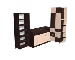 Лет восемь назад спроектировал себе кровать-комод (плюс пару шкафов), отдал чертежи мебельщикам, и они нарезали мне вот такой комплект. Кровать удобная, и дико вместительная. Под ней куча всего помещается.