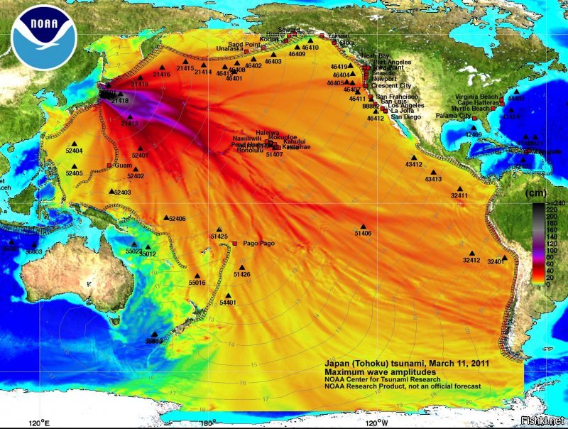 Это не карта заражения Тихого океана, а фейк. Прав Воробышек. Это карта симулирования высот волн цунами от Сендайского цунами 2011 года. Смотреть тут:


На оригинальной карте в правом нижнем углу есть соответствующая надпись, которую пугальщики старательно затирают. Оригинал выглядит так: