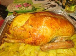 а утка-то безбожно сгорела и высохла
во-первых утку нужно мариновать, лучше сутки
во-вторых её лучше запекать в духовке, положив на нарезанный пластинами картофель, тогда вытопленный жир пропитает его 
а великолепный цвет она и там приобретет
и мясо с костей само сойдет