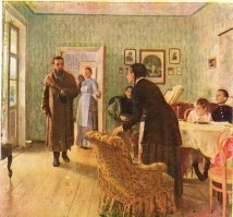 "У Ильи Репина нет картины с таким названием. А на фото работа художника Льва Соловьева под названием «Монахи. Не туда заехали»." 

Это точно, у Репина есть картина "Не ждали":)